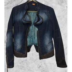 Joujou Womens Dark Wash Studded Denim Moto Jacket Double Zip Biker Small